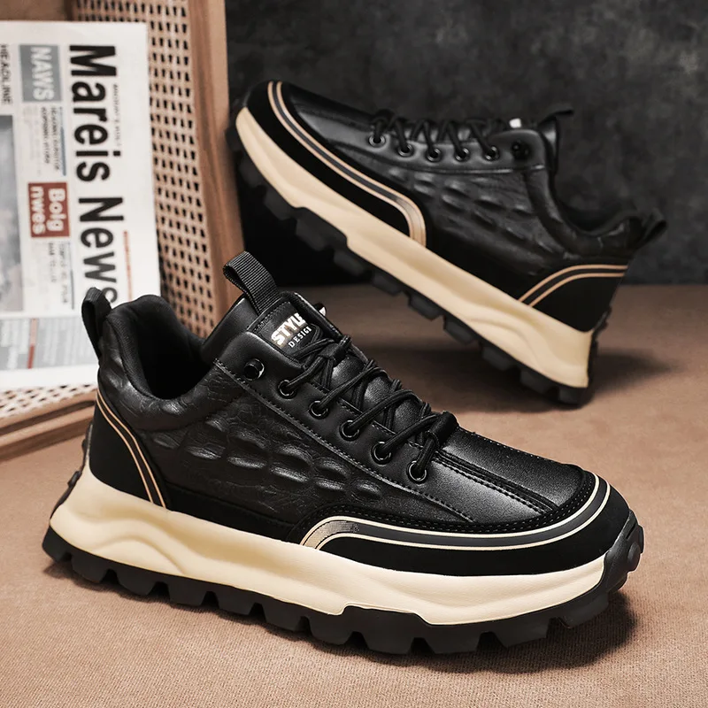 Men's Soft Leather Shoes Thick Sole Male Adult Drawstring Lace-up Gym Sneakers Men Retro Casual British Style Non Slip Footwear image 5