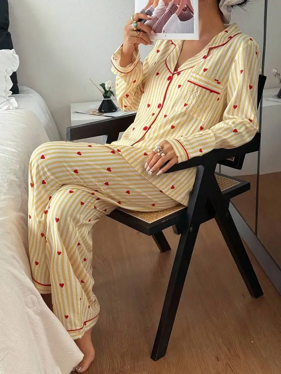 

Heart Striped Print Lapel Long Sleeve Pajama Set Women Sleepwear Vintage Style