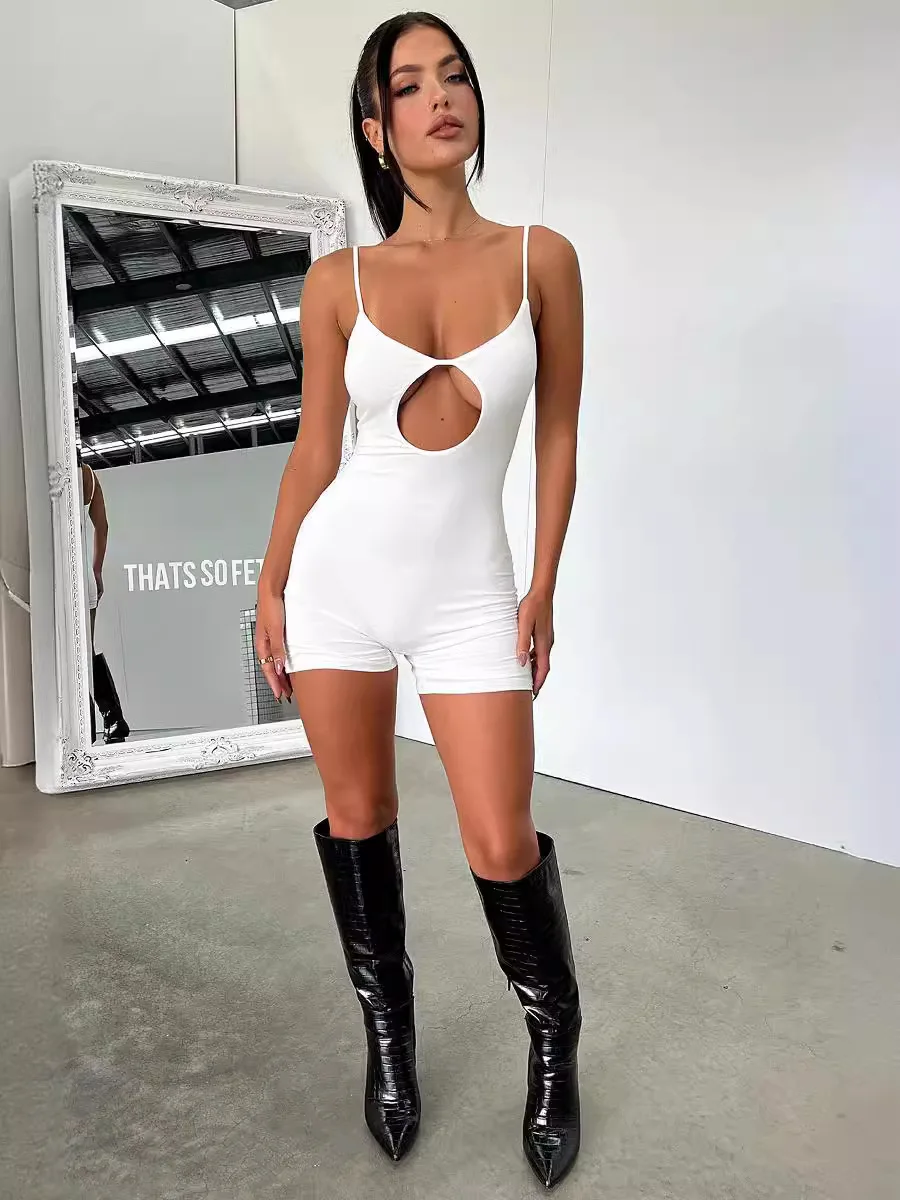 Sexy Summer Streetwear Jumpsuit Sleeveless Hollow Out Design Backless Zipper Bodycon One Piece Workout Women Short Jumpsuit