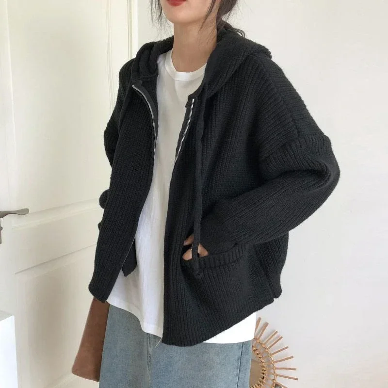 Japanese Retro Hooded Knitted Cardigan Female Autumn Winter Zipper Pockets Sweater Coat Women Casual Loose Solid Knitwear Woman