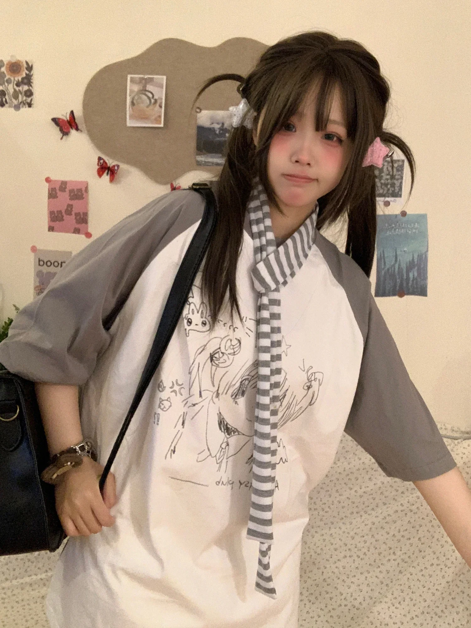 Oversized Graphic Cartoon Print T-shirt with Scarf Women Tshirt harajuku fairycore 2000s y2k grunge goth aesthetic korean cloth