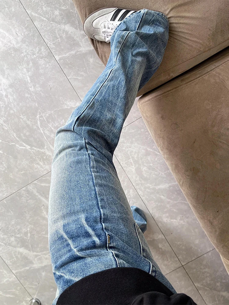 

Ice Blue Lightning Pattern Men's High Waist Straight Leg Jeans Waed out Knife American High Street Long Trousers