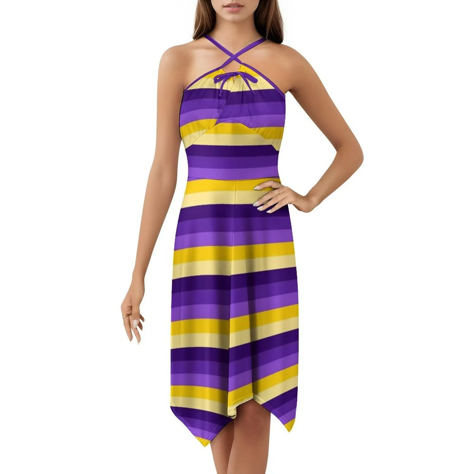 نمط مخطط رائع من السبعينيات: فستان هيب هوب نسائي باللونين الأرجواني والذهبي مطبوع عليه رسومات جرافيكية ملابس نادي الحفلات 1970S رائع #5