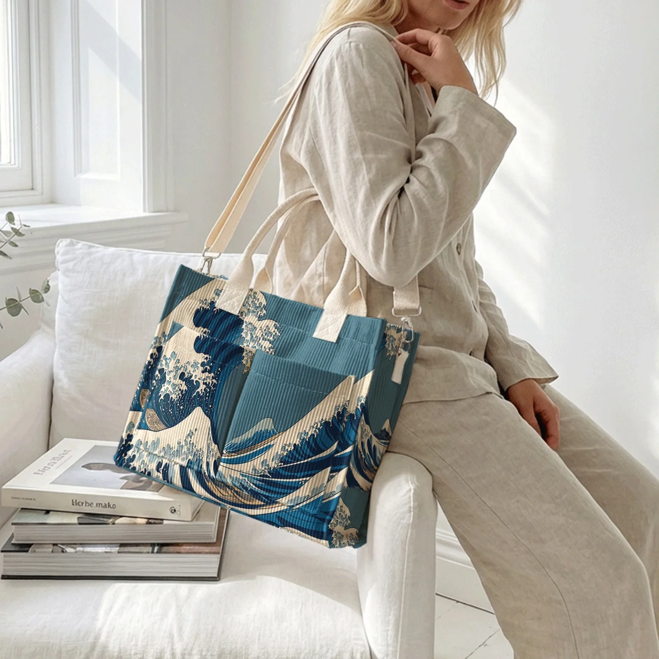 Ukiyo-e Wave Print Corduroy Tote Bag Large Capacity Multi Pocket Detachable Crossbody Shoulder Bag