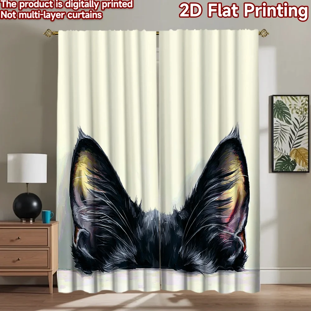 

2D flat printing 2pcs Curtain Black Cat Peeking Out Digital Printed Polyester Drapes Birthday Party Perfect for Door Wall Yard