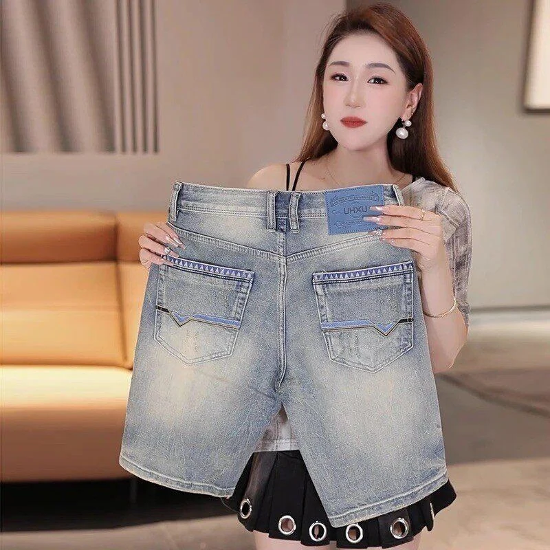 Light Blue Denim Pants With Holes And Rips 5 Inches For Men Unique American Style Daily Pants