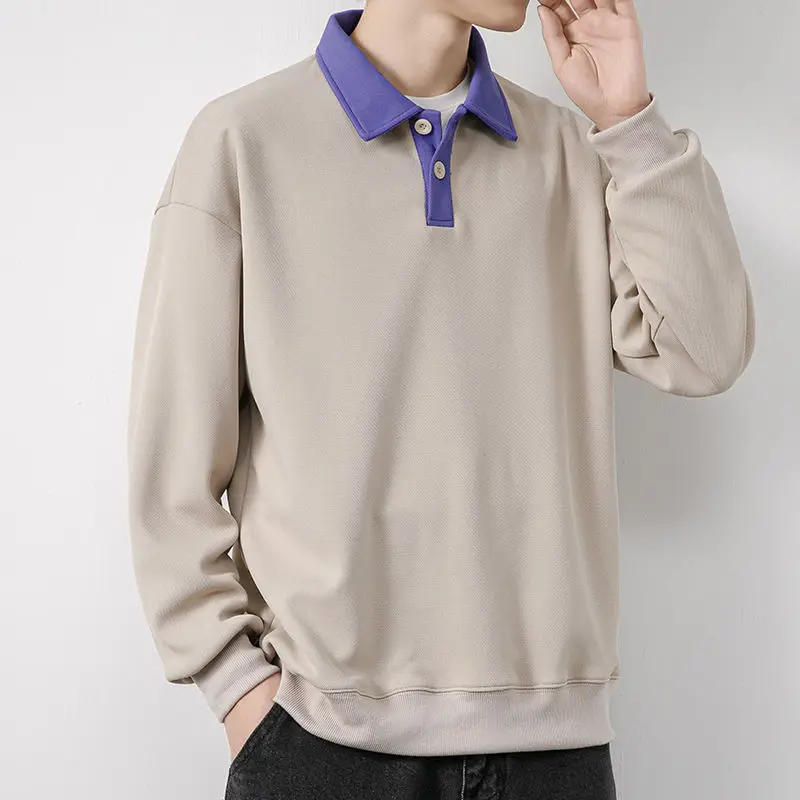 Oversize Versatile European and American Fashion Top Splice Buttons Long Sleeved Simplicity Solid Color Commuting POLO Shirt