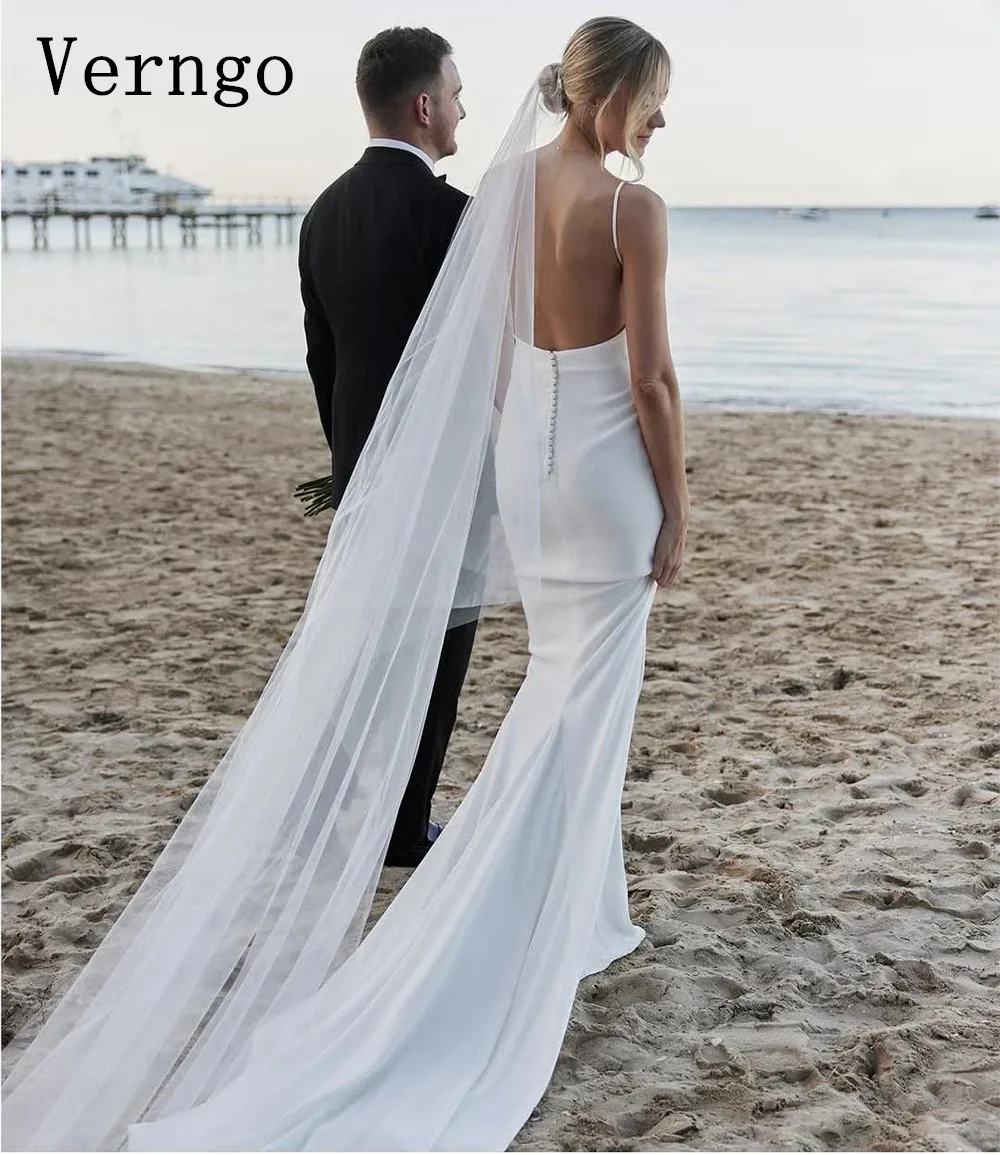 Verngo lvory Crepe Beach Wedding Dress 2024 Simple Spaghetti Straps Mermaid Bridal Gowns Backless Botton Bride Gowns