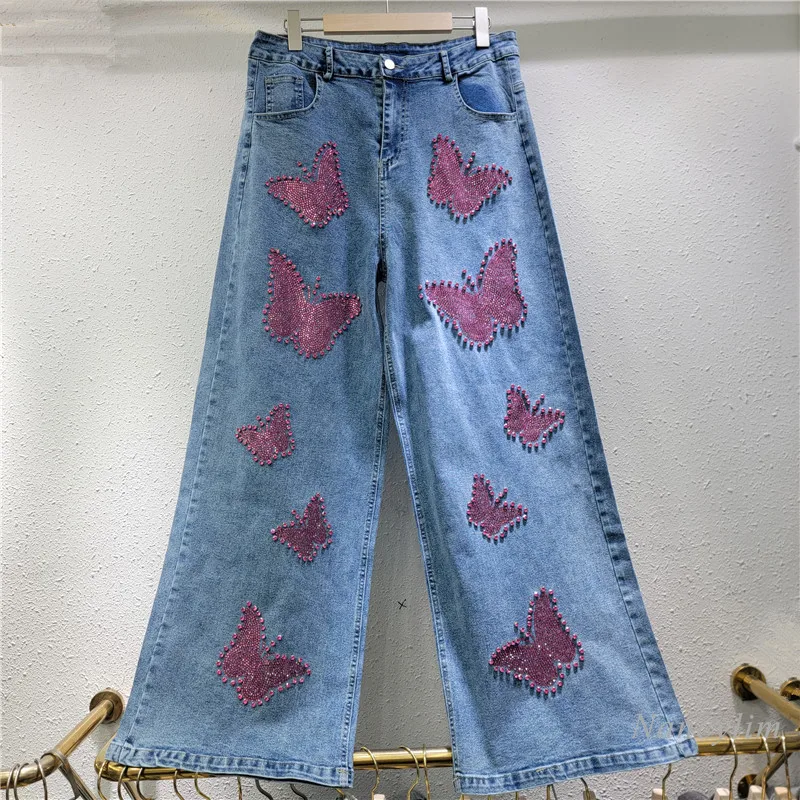 Heavy Industry Hot Diamond Butterfly Jeans Women's 2025 New Loose Elastic Large Size Straight Narrow Edition Wide Leg Pants