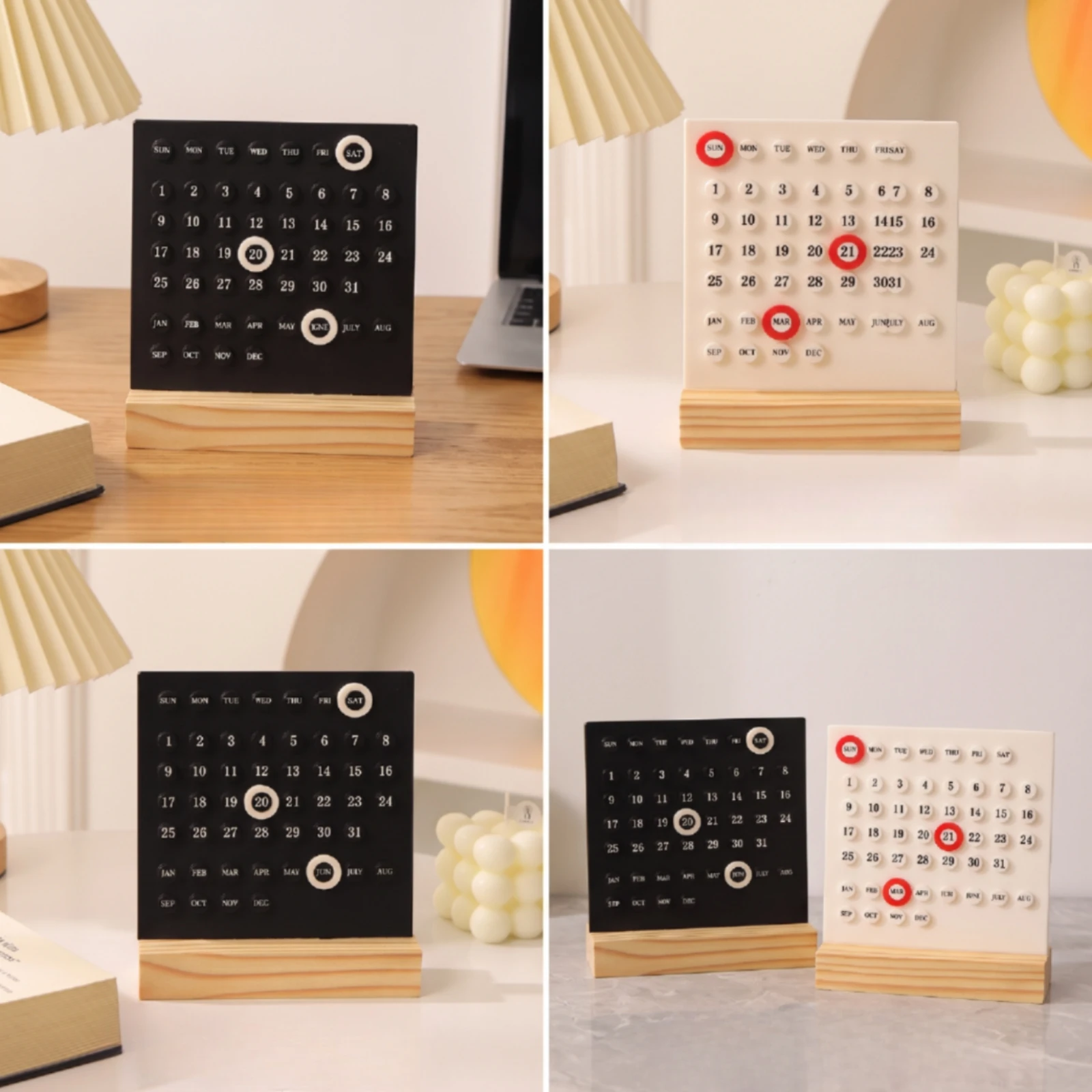 Perpetual Calendar Tactile Acrylic Calendar with Wood Base Month Week Date Display Compact Long-Lasting for Study Desk, Office