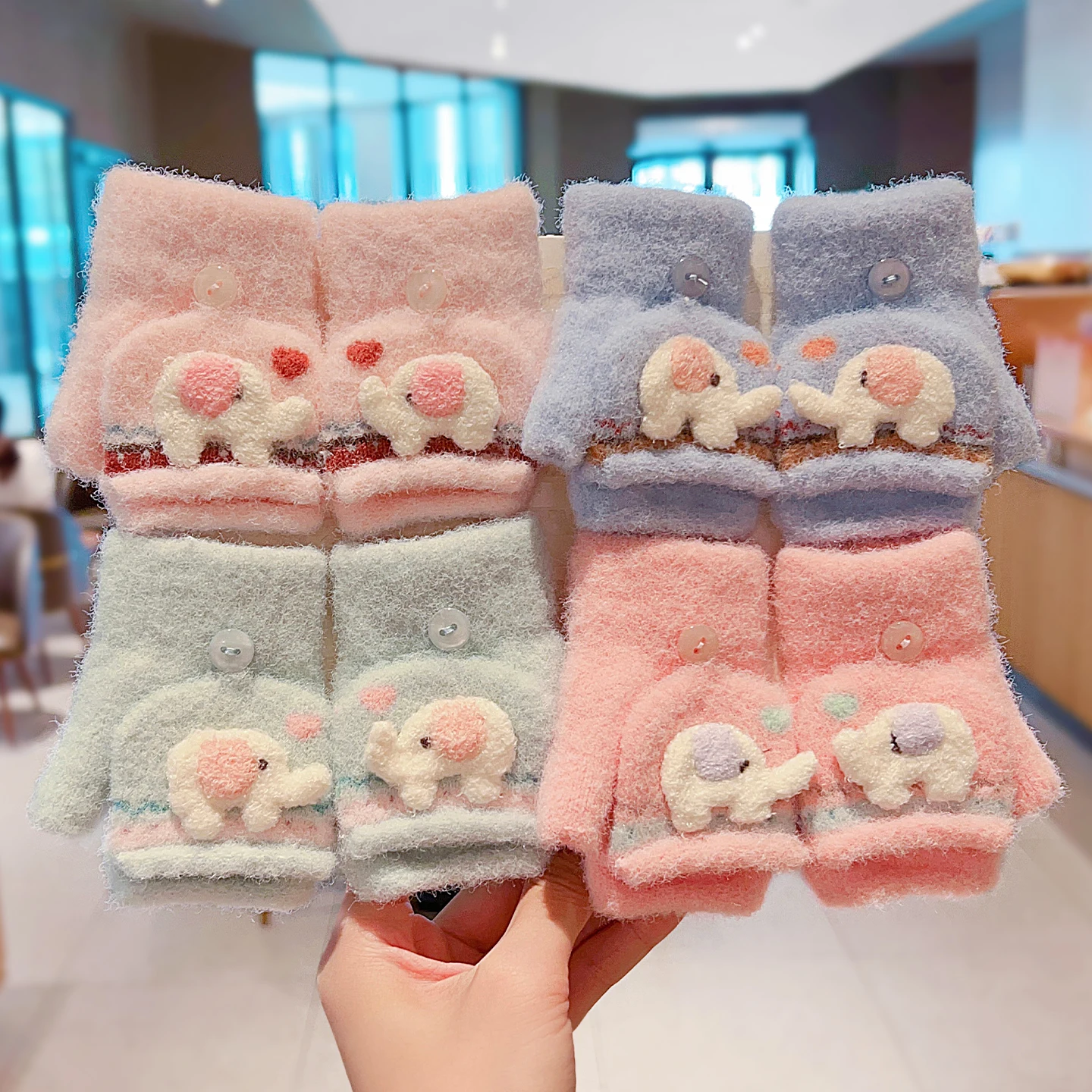0-3 Jahre, neue koreanische Winter-Handschuhe mit Cartoon-Elefanten-Motiv für Jungen und Mädchen, aus Kunstfellimitat, 2-in-1-Handschuhe mit halben und vollen Fingern, Kindergeschenk. – Detail 4