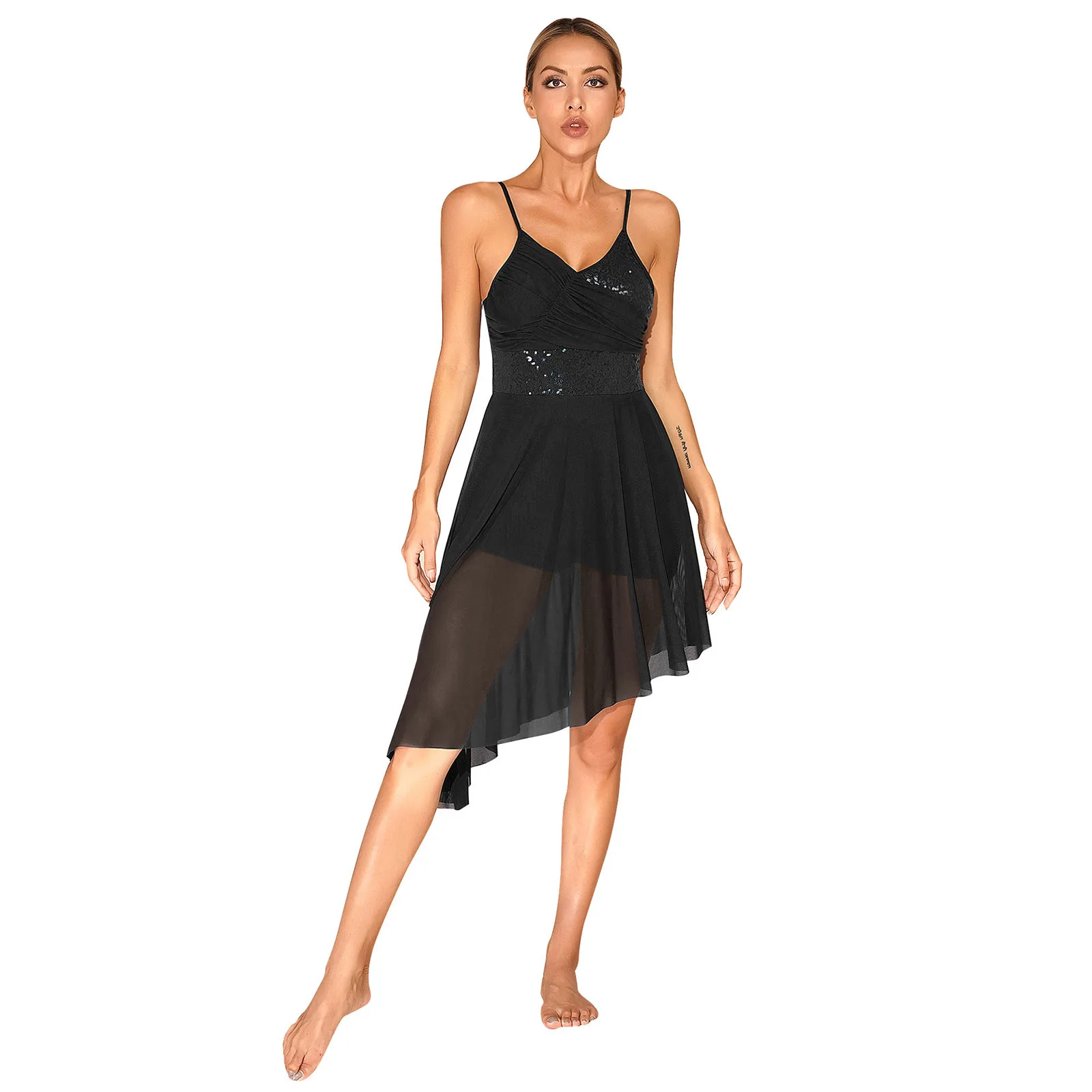 Lyrisches Tanzkleid für Damen mit Pailletten, Chiffon, durchsichtiges Netz, ärmellos, asymmetrischer Saum, Ballett-Gymnastik-Trikot, Eislaufen-Kostüm