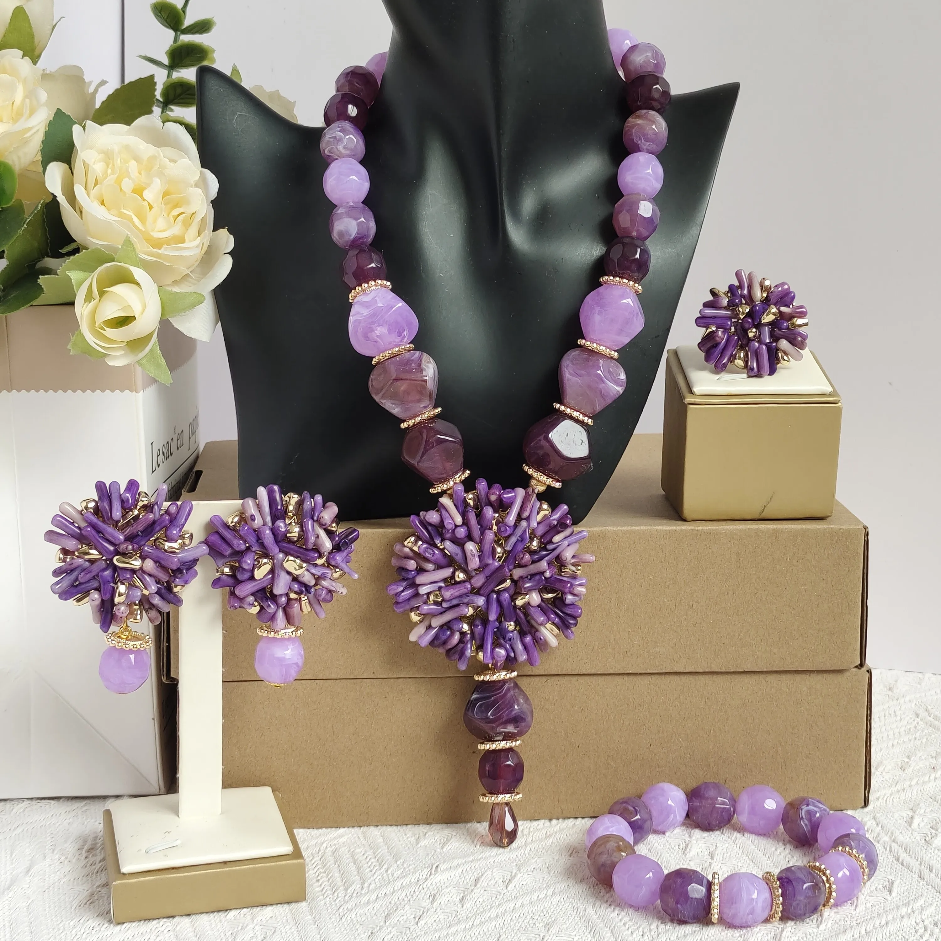

Laanc fashion jewelry set purple coral bead necklace bracelet earrings ring