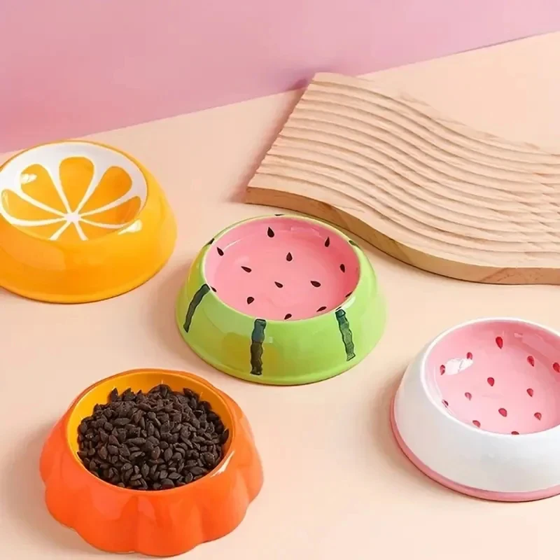 Cute Fruit Shape Ceramic Cat Bowl Strawberry Watermelon Pumpkin Design Pet Food Water Feeder Anti-Black Chin Bowl