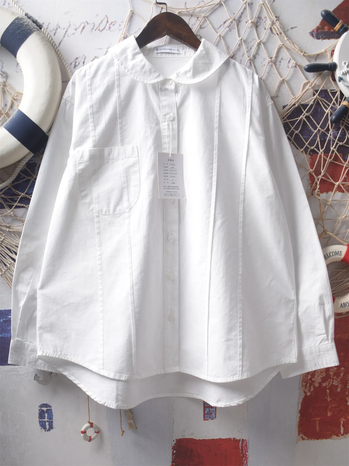 

[Готовый запас] Высококачественная женская блузка из 100% хлопчатобумажной пряжи, рубашка, свободная и универсальная рубашка с длинными рукавами и кукольным воротником