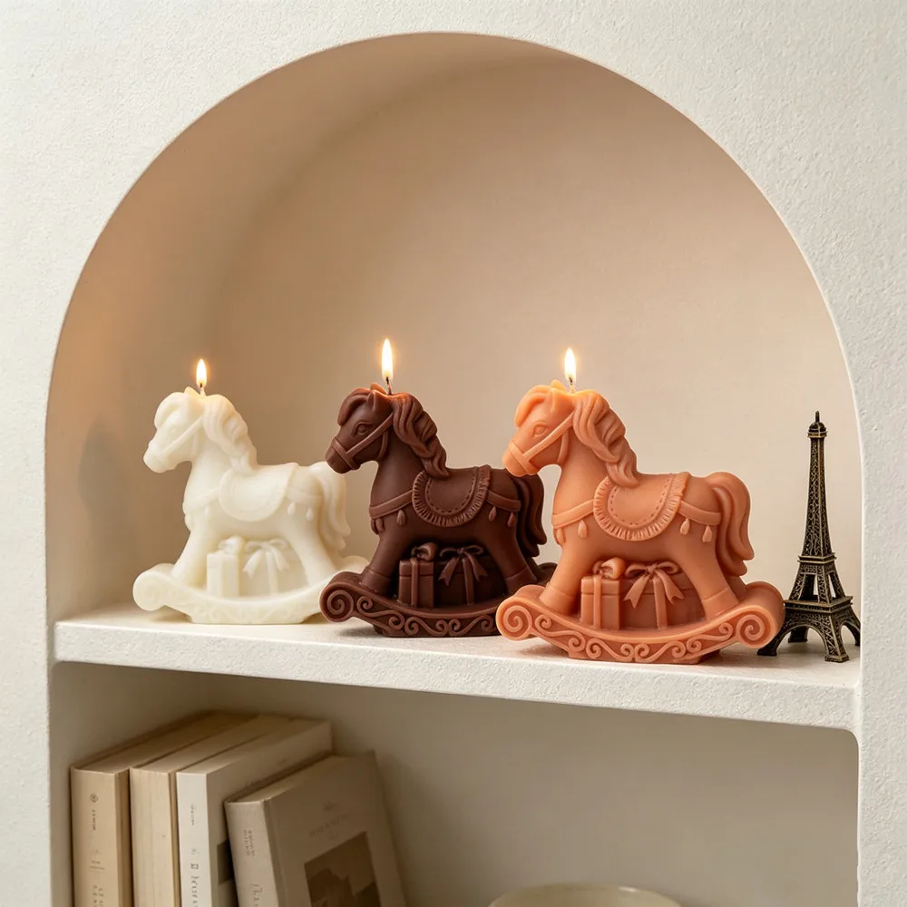 Niedliche Schaukelpferd-Silikonform für Kerzen - 3D-Pferd mit Geschenkbox-Form für DIY-Duftkerzen, Seife & Harz-Kunsthandwerk, Heimdekoration & Geschenke – Detail 3