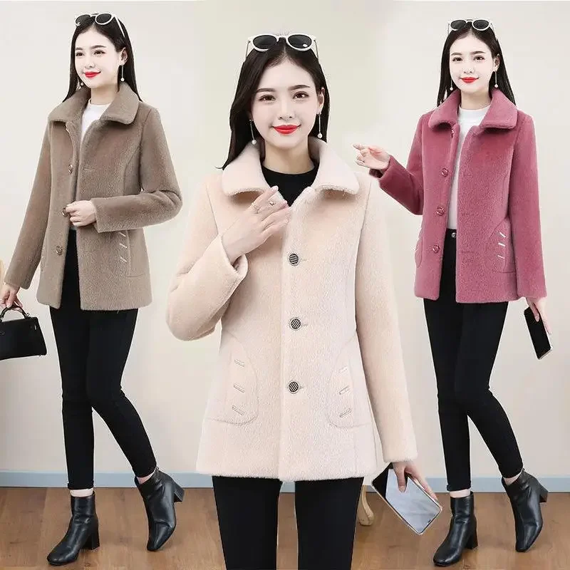 2022 Winter New Thickened Lamb Wool Jacket Women's Korean Style Slimming Leather Integrated Particle Fleece Overcoat