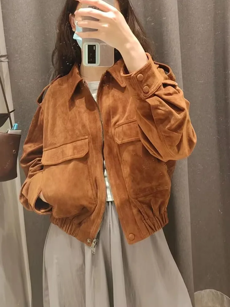 

HH Women Autumn Fashion Retro Suede Lapel Long Sleeve Coat Female Versatile High Street Casual Zipper Pocket Jacket Mujer