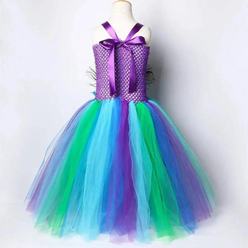 Peacock Feathers Long Dresses for Girls Birthday Floor Outfit Princess Pageant Ball Gown for Kids Christmas Halloween Costumes