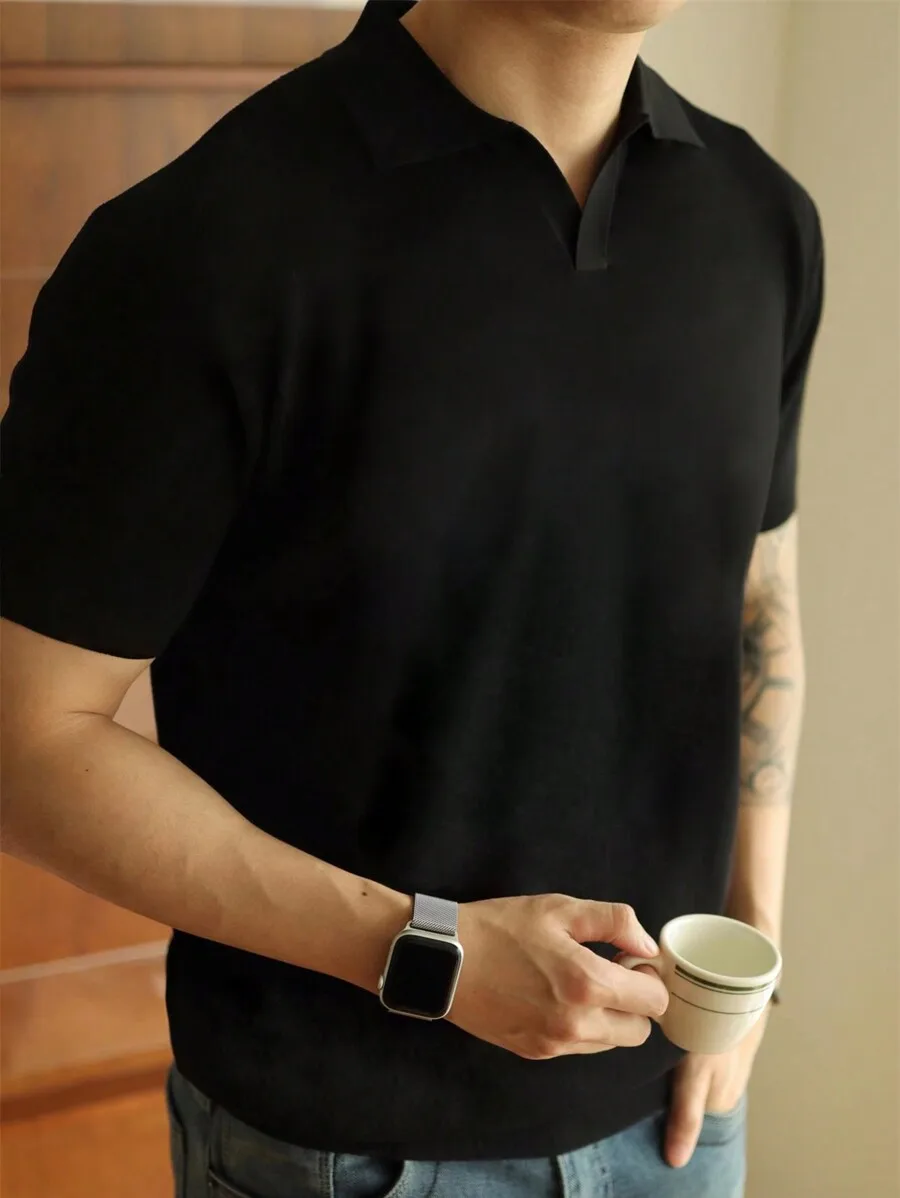 

Men's Solid Black Short Sleeve Casual Polo Shirt for Daily Wear