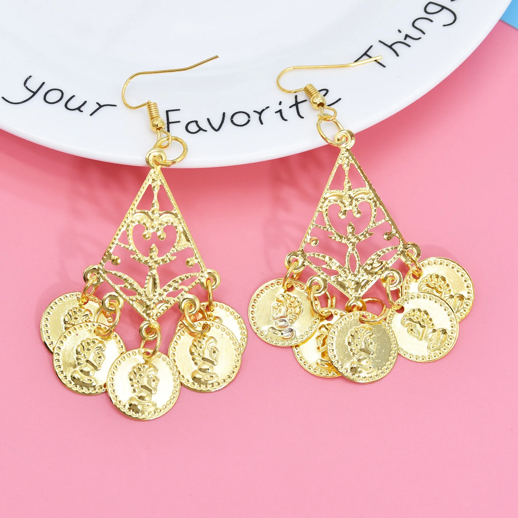 ชุดเต้นระบำหน้าท้องต่างหูสร้อยคอโลหะเครื่องประดับ2ชิ้น/เซ็ตชุดเต้นระบำหน้าท้องสีทองอุปกรณ์การแสดง