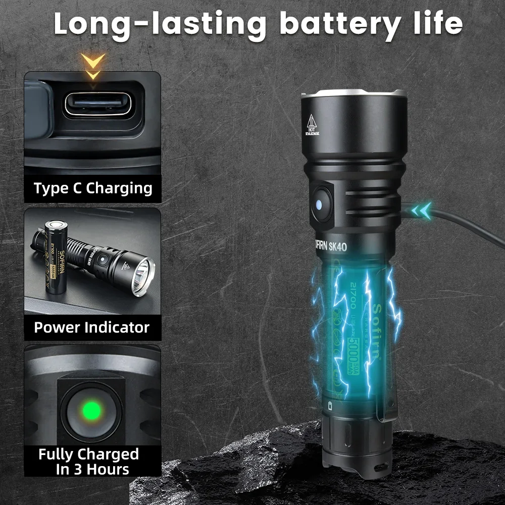 Sofirn SK40 SFT70 LED 3200lm مصباح يدوي تكتيكي 21700 شعلة قوية قابلة لإعادة الشحن بطول 580 متر مع أضواء كاشفة