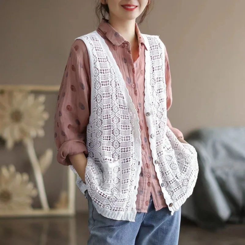 

Spring Autumn Women Sweaters Vest New Sleeveless V-neck Hollow Double pocket knitted Vest Ladies Casual Loose knitted Cardigan