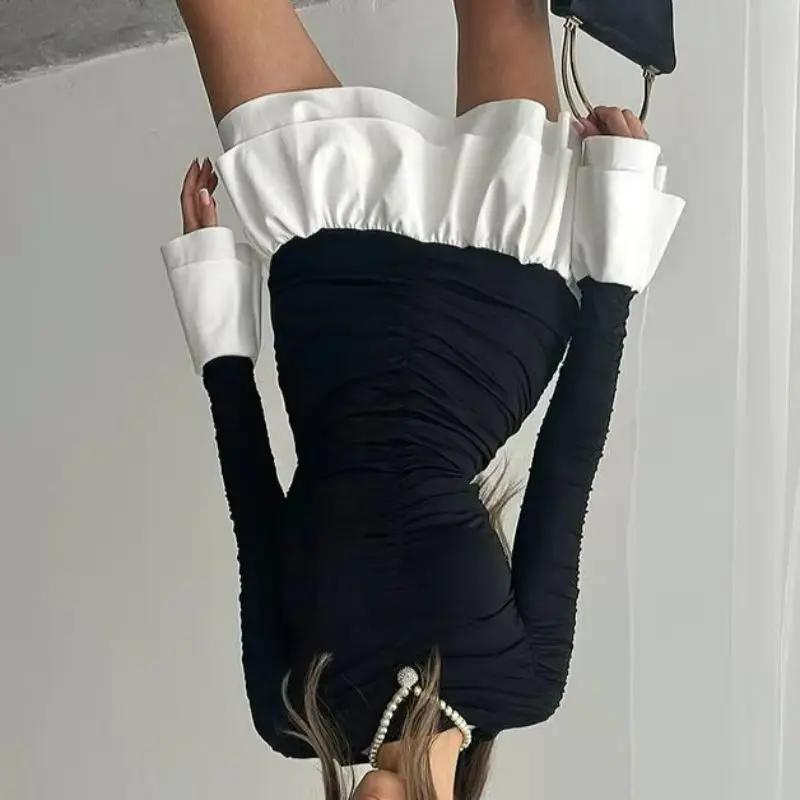 pure stylish color-blocking dress ruffled edges elegant stylish women features round-neck long-sleeved pleated waist-cinching