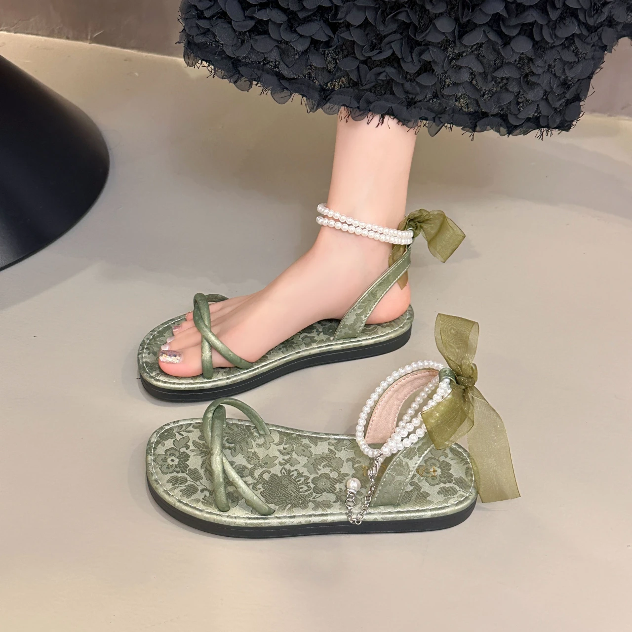Summer Women Pearl Beaded Ankle Strap Flat Sandals Toe Loop Ribbon Bow Non Slip Soft Sole Beach Vacation Casual Dress Shoes view 3
