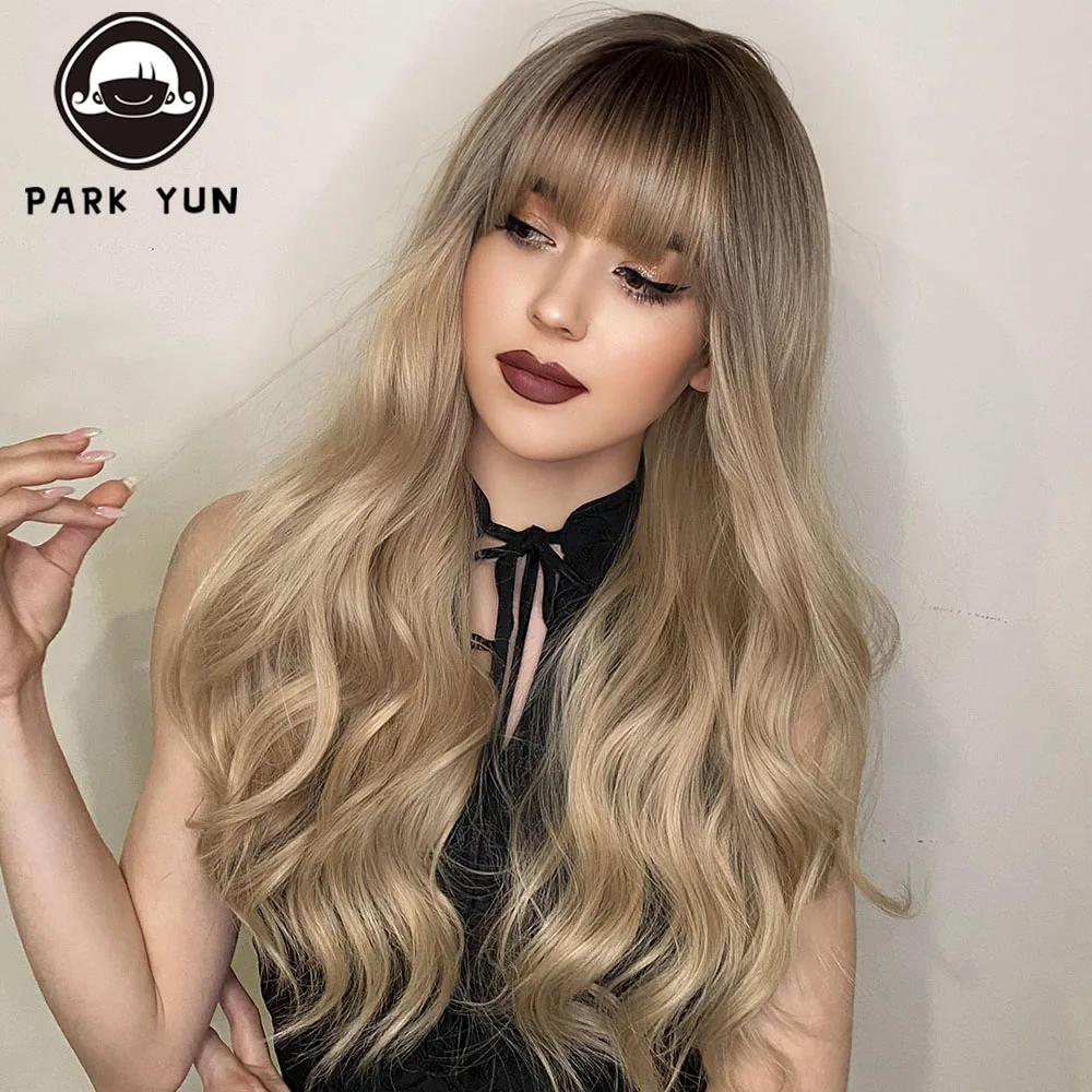 Light Blonde Hair Long Natural Wave Wig with Bangs Cosplay Lolita Party  Heat Resistant Fiber Wigs for Women Daily Fake Hair