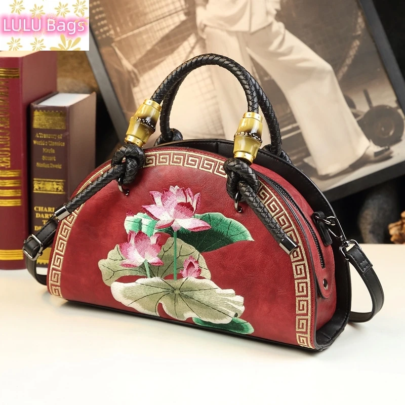 

Vintage Leather Women Handbags Fashion Female Flower Embroidery Bag Mom Houlder Messenger Bag Cowhide Portable Shell Bags