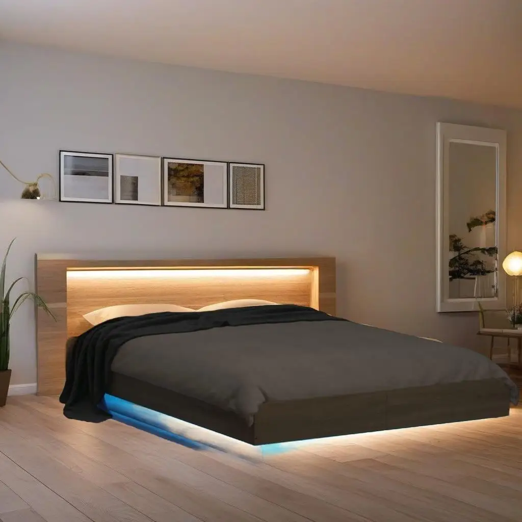 100x200cm Sonoma Oak Bed Frame with LED Lights - Mattress Excluded