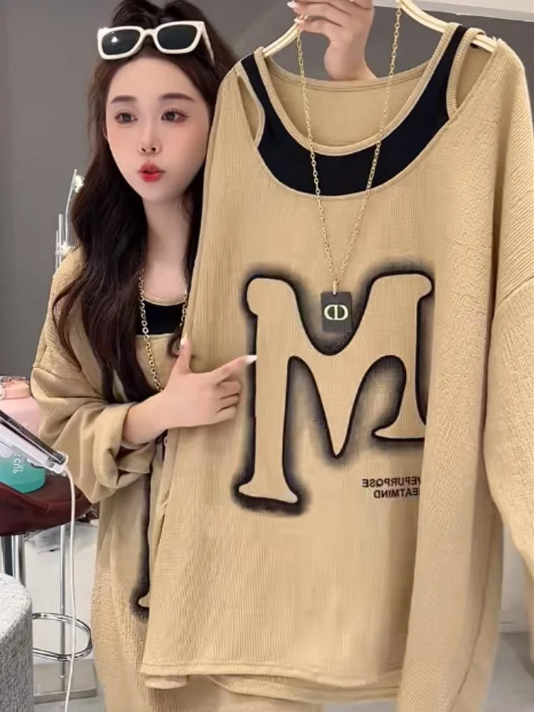 

plus Size Women's Long Sve Hollow out T-irt Fake Two-Piece Loose Fit Autumn Winter Basic Top Large Size Faion