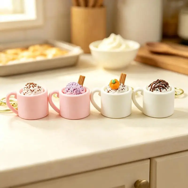 1Pcs Sundae Ice Cream Mug Shape Keycap Clicker Keychain 3D Printed Cute Simulated Coffee Cup Stress Relief Button Fidget Toy