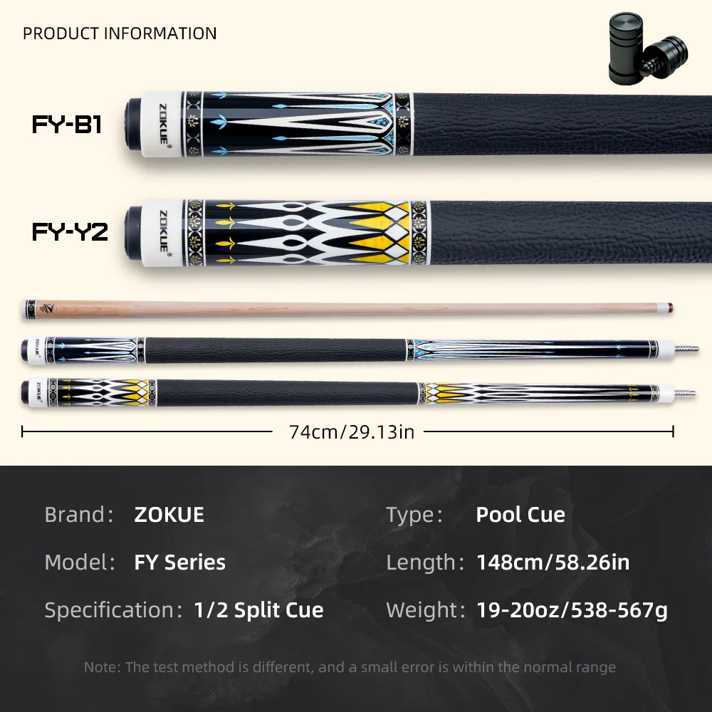 ZOKUE Maple Pool Cue FY Series low Deflection Carbon Fiber Tube Maple Shaft Proferrsional Billiards Cue with 12.5mm Tip