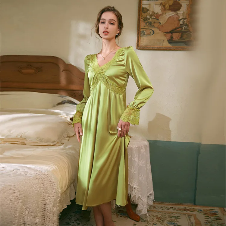 V-Neck Nightgown Women Satin Long Sleeve Sleepwear Nightdress Palace Retro Style Kimono Dressing Gown Elegant Loungewear