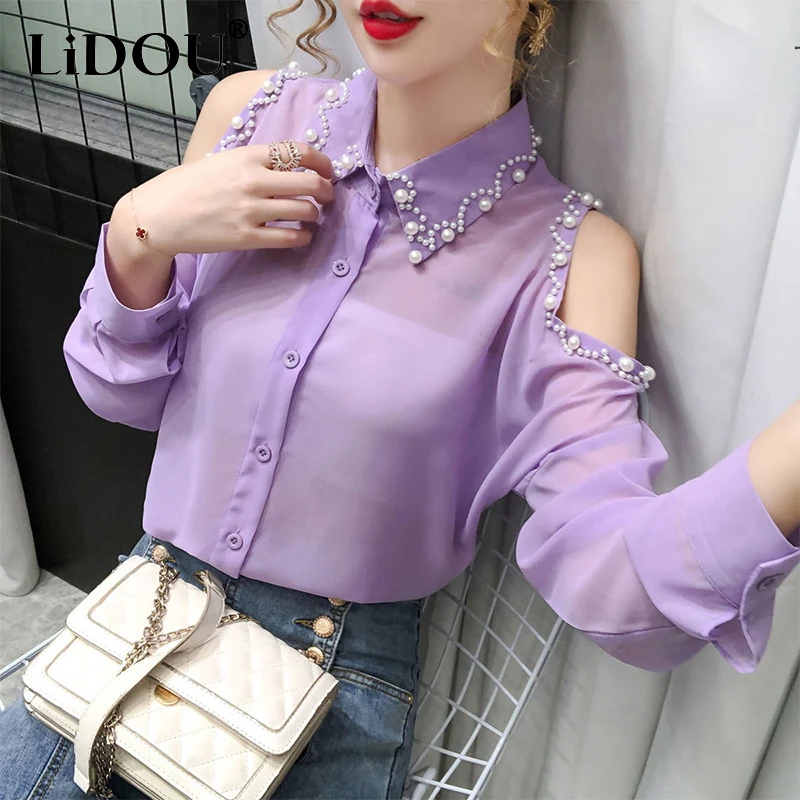 

Spring Autumn Elegant Fashion Beading Shirt Women Long Sleeve Temperament All-match Chiffon Blouse Ladies Buttons Cardigan Top