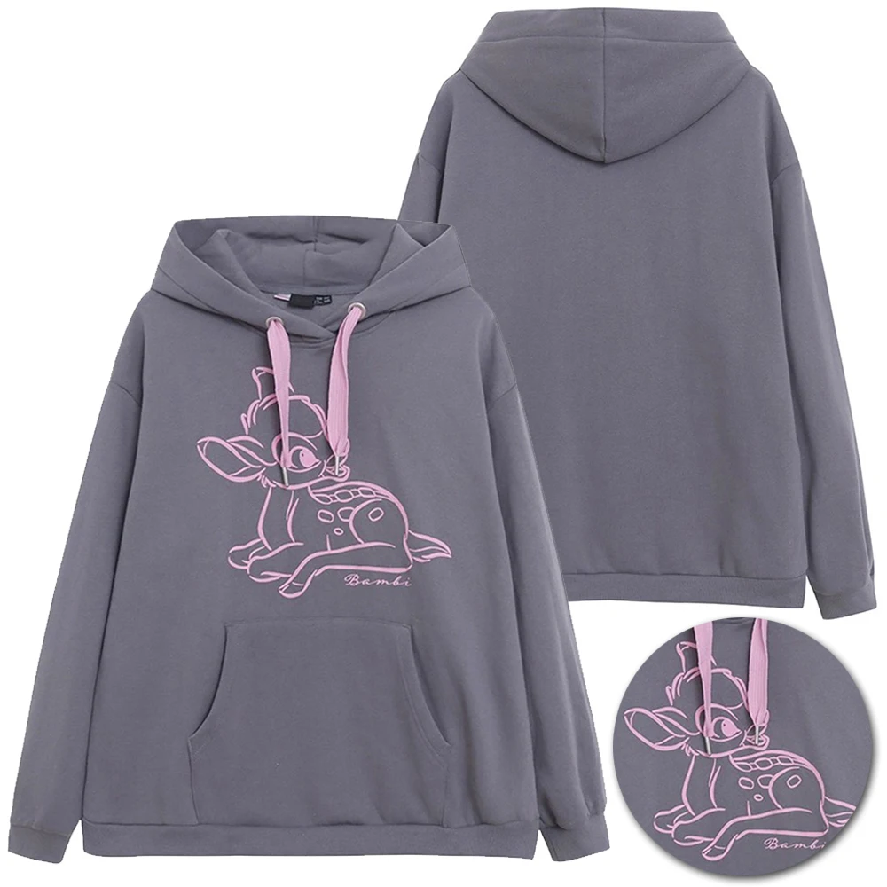 

Disney Fleece Sweatshirt Bambi Deer Cartoon Print Embroidery Fashion Women Hooded Long Sleeve Pocket Jumper Tops Streetwear