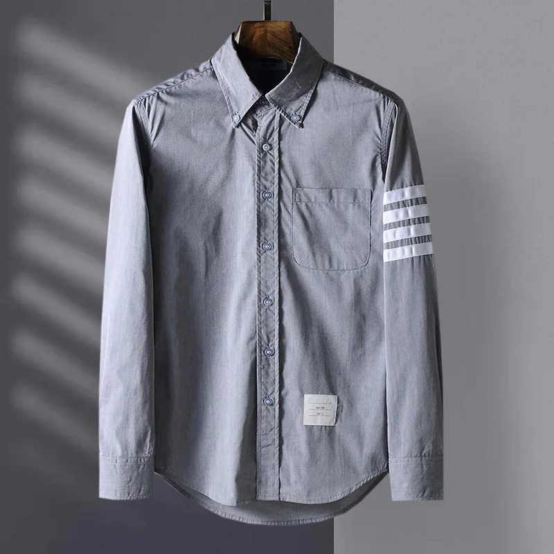 2024 New TB Long sleeved Shirt Unisex Summer Casual Thin Single breasted Flip Collar Shirt Fashion Slim Solid Striped Shirt Men