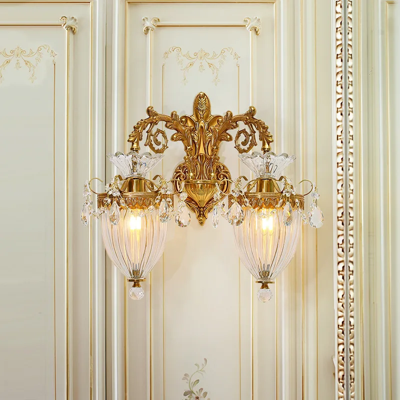 

European-style living room, French crystal bedroom background wall, bedside staircase wall lamp, mirror front aisle lamp