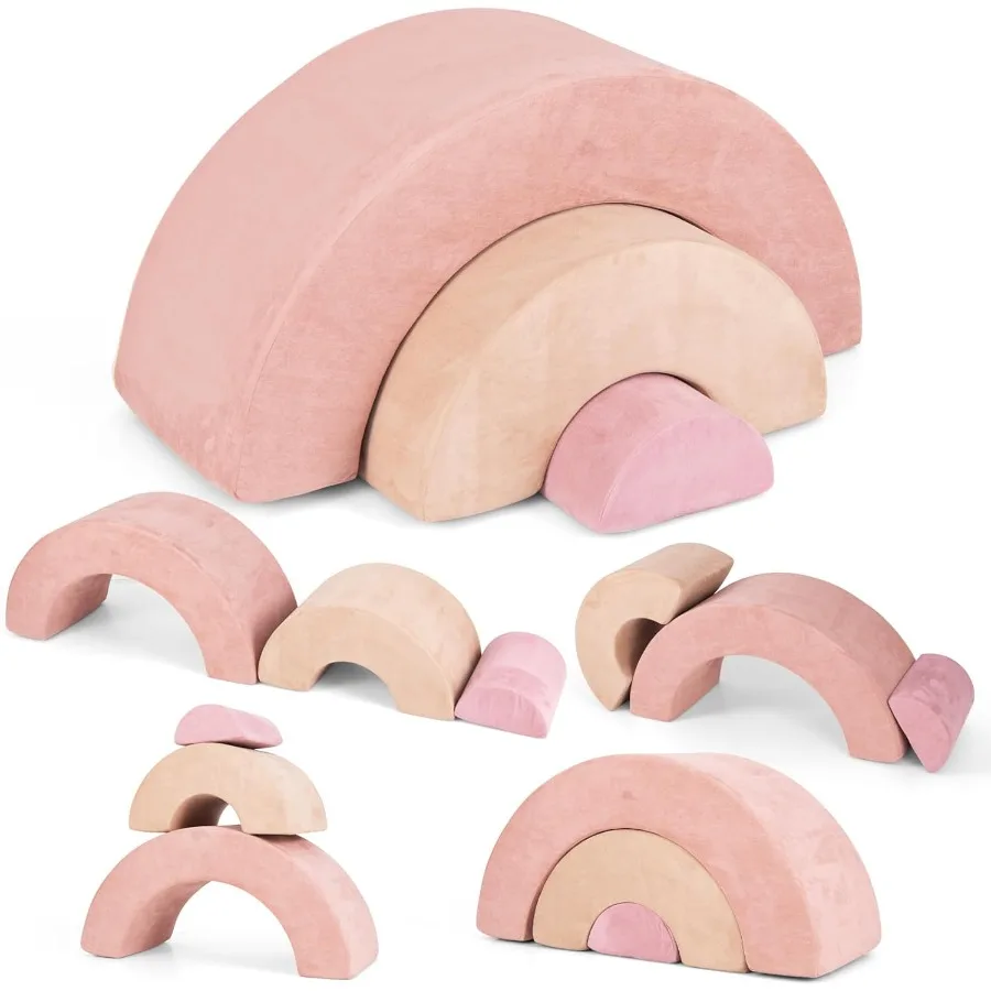

INFANS 3pc Foam Climbing Blocks Rainbow Shaped Indoor Play Set for Toddlers Soft Modular Equipment with Pink Crawling Tunnel Pl