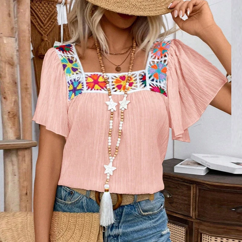 Camiseta de manga corta de verano para mujer, camisetas caladas estampadas con cuello cuadrado, Jersey holgado, camisa informal para mujer