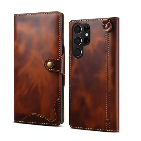 Genuine Leather Wallet Case for Samsung Galaxy S25 S24 S23 S22+ S21 Ultra FE Classic Oil Wax Pattern Button Card Slot Flip Stand