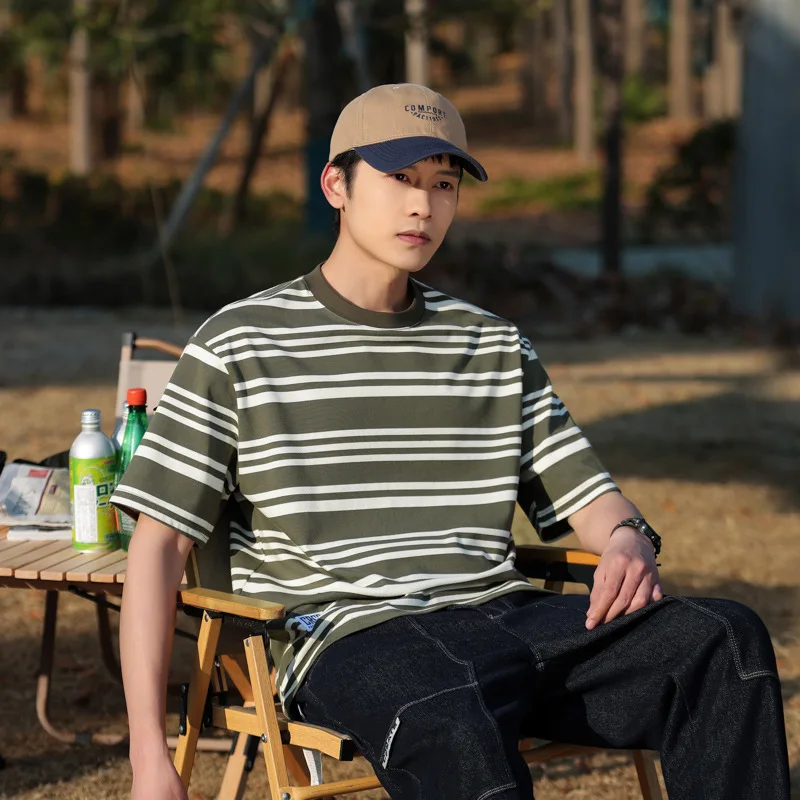 

American Style Casual Loose Short Sleeve T-Shirt round Neck Striped Insert Shoulder Sleeve Summer New Heavyweight Men's Top