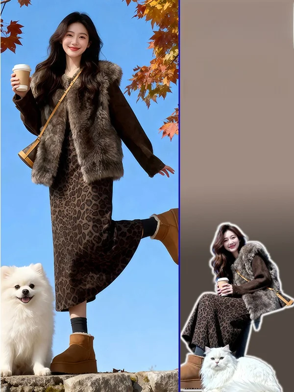 

plus Size Spring Autumn Vintage Leopard Print Skirt Faux Fur Inner Knitted Sweater Vest Tee Piece Set High Waist Loose...