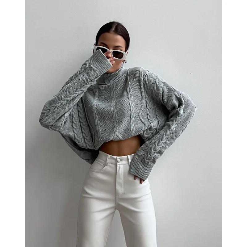 

Vintage Turtleneck Knitted Sweater Women Long Sleeve Streetwear Harajuku Twisted Jacquard Pullover Autumn Winter Coat Loose New