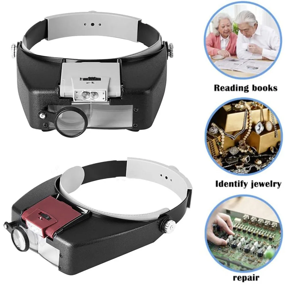 Headband Glasses Magnifier LED Light Magnifying Glasses 1.5x 3x 8.5x 10x Headworn Magnifier Lightweight Adjustable Band Watch Re