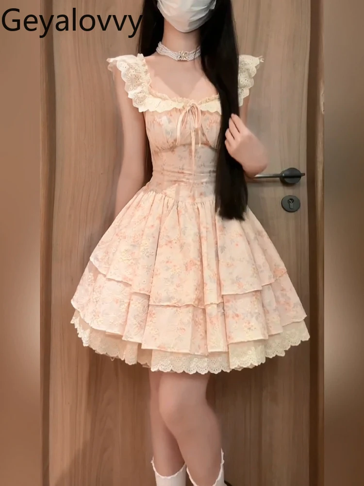 فستان فرنسي جميل لطيف للفتيات بأكمام طائرة مزين بالزهور فستان صيفي جديد للعطلات عالي الخصر للتخسيس فساتين الأميرة توتو للنساء