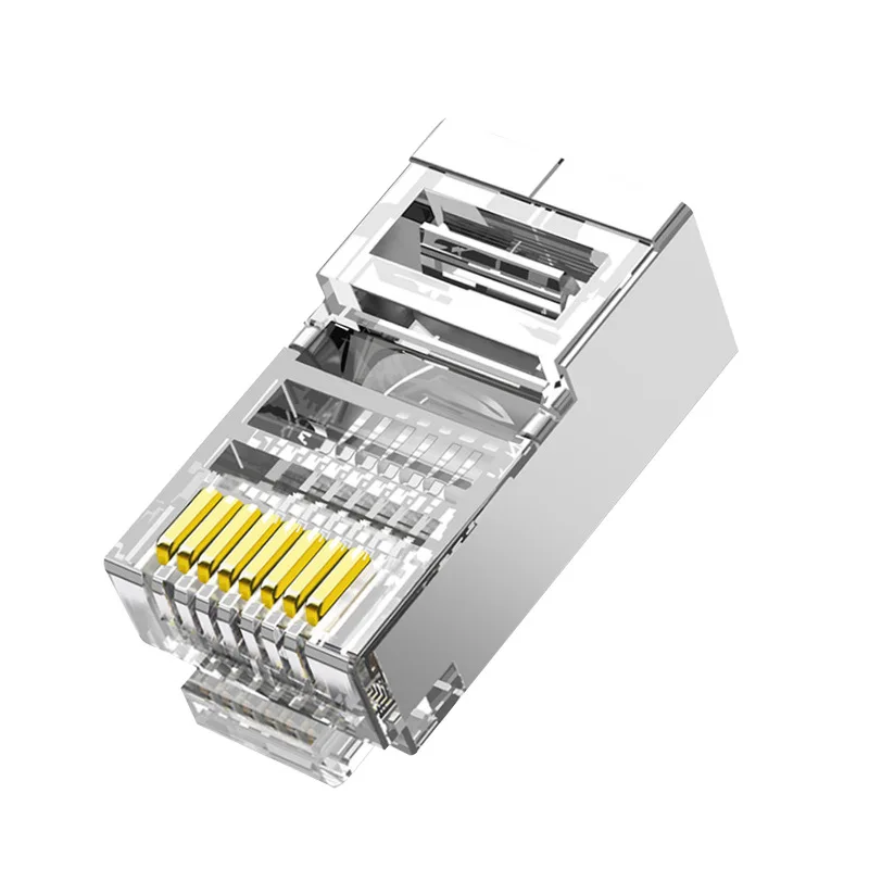 หัวคริสตัลแบบสาม RJ45หกแฉกชิปแบบสามแฉก8แกนทองแดงบริสุทธิ์หัวคริสตัล CAT6ชุบทอง