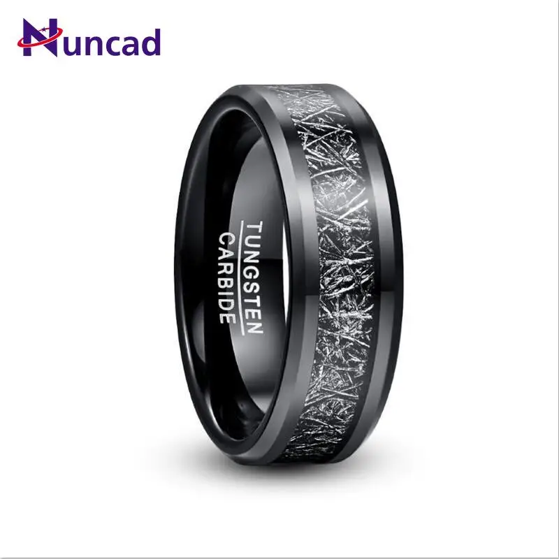 NUNCAD 8mm Men's Width Tungsten Carbide Ring Electroplated Black Inlaid Black Imitation Vermiculite Wedding Band Tungsten Ring